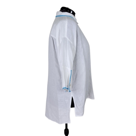 Soft Surroundings Tunic Size XL White Blue Trim Step Hem Pocket Linen Cotton - Picture 2 of 10